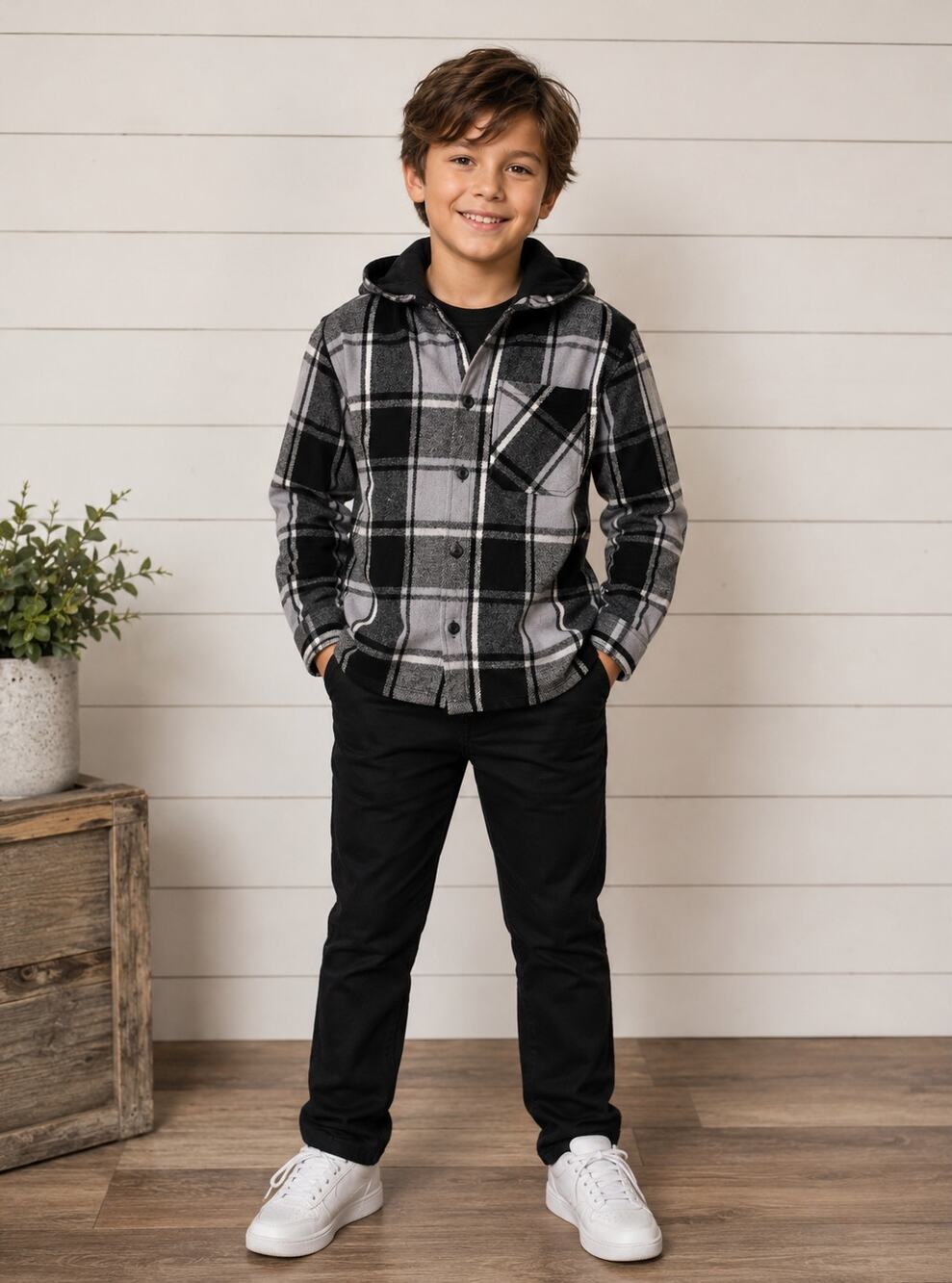 Tony Hawk Boys Hooded Flannel Button Up Shirt Gray Black Plaid Size Medium 10/12